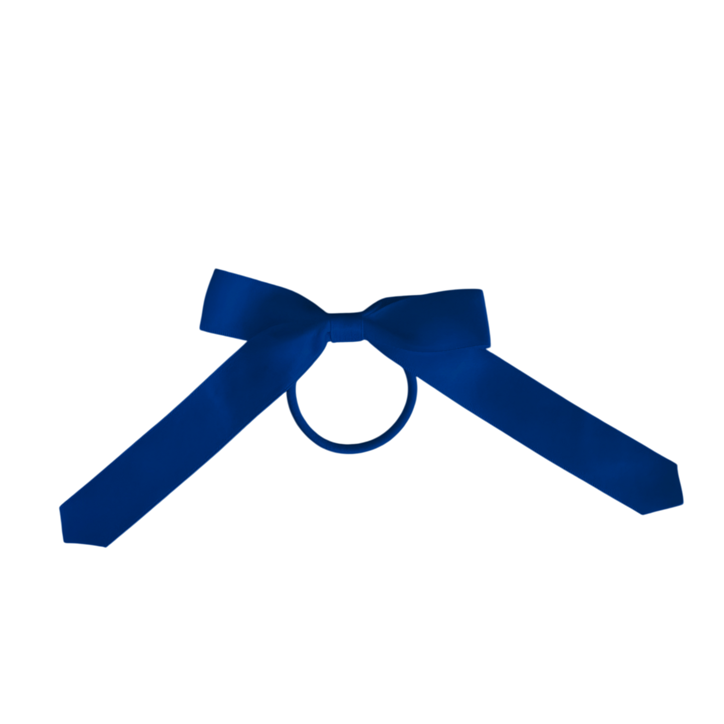 A royal blue satin bow tie with a central ring, displayed on a solid white background.