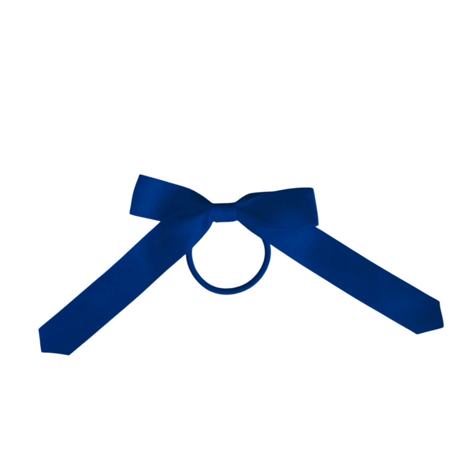 A royal blue satin bow tie with a central ring, displayed on a solid white background.