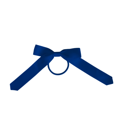 A royal blue satin bow tie with a central ring, displayed on a solid white background.
