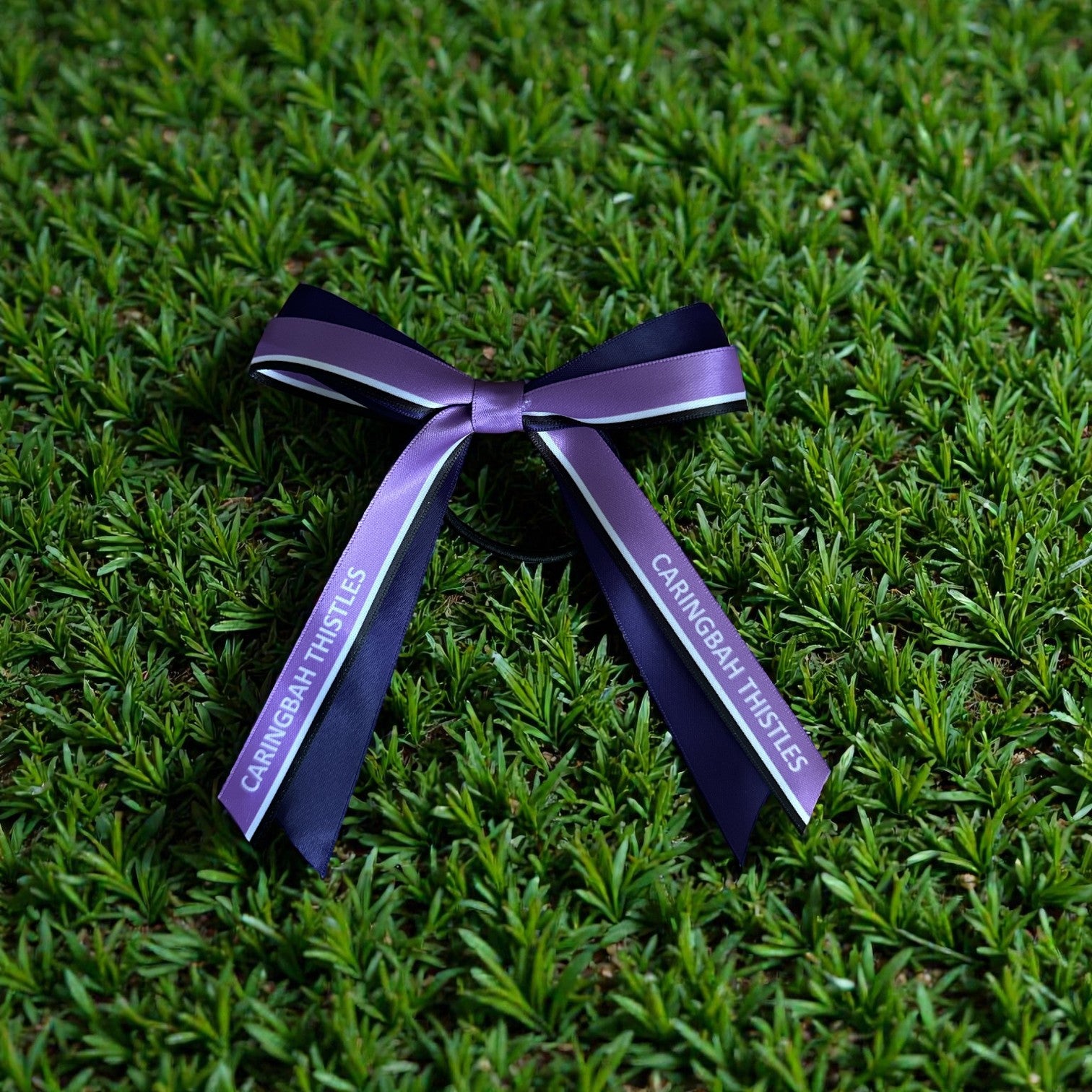 Purple ribbon with Netball' branding on grass