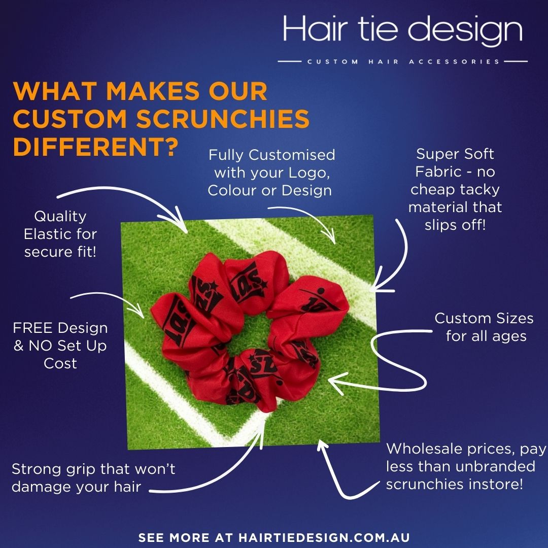 Promotional graphic for Hair tie design custom scrunchies with features highlighted on a blue background.