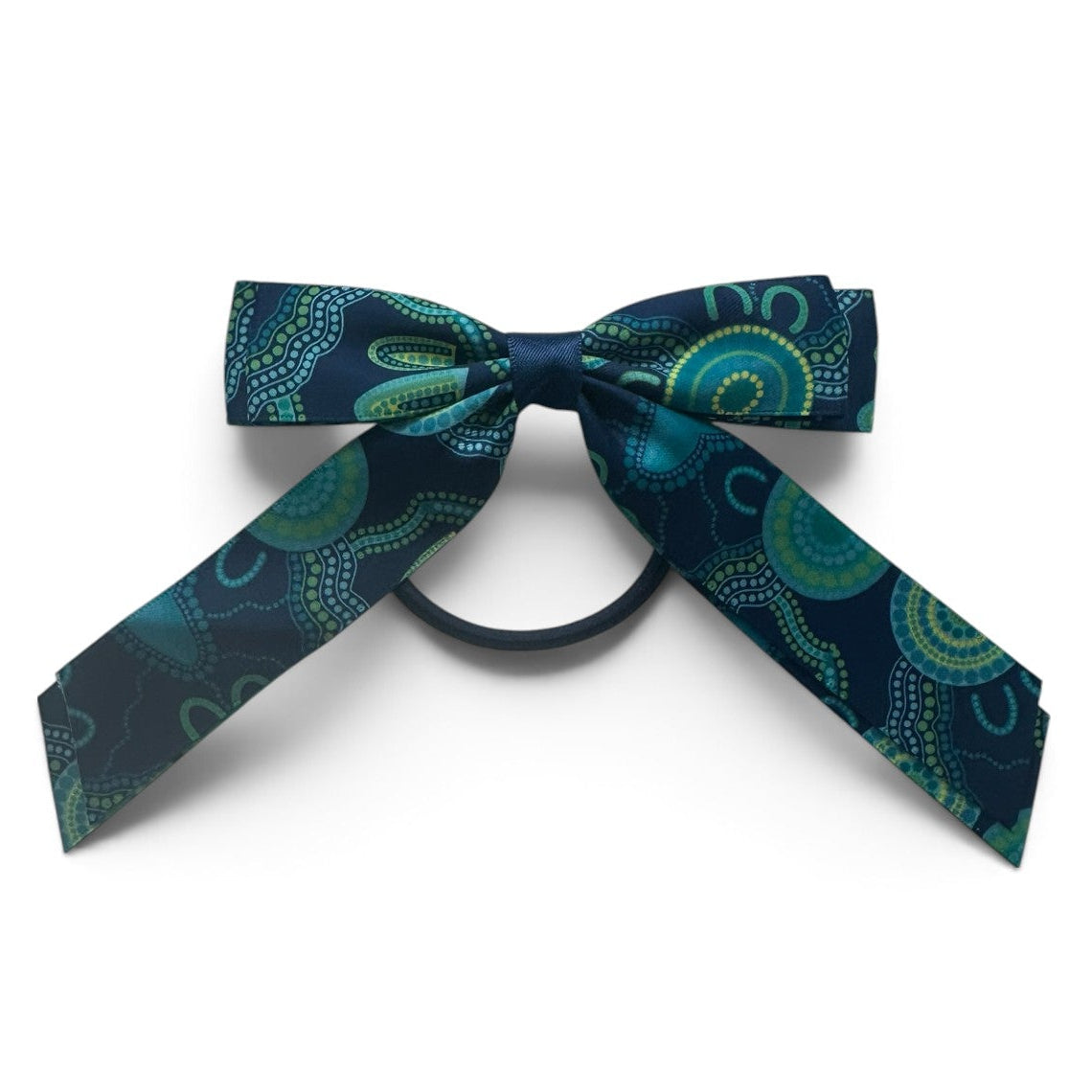 Green and Blue Indigenous rin Hair Ribbon on hair elastic 