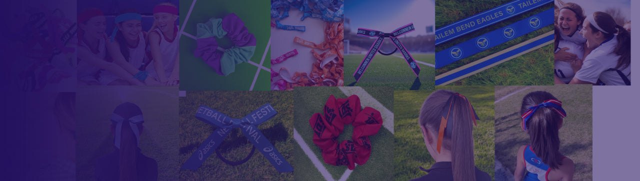 Images of hair scrunchies, hair ribbon bows at sport field and school  