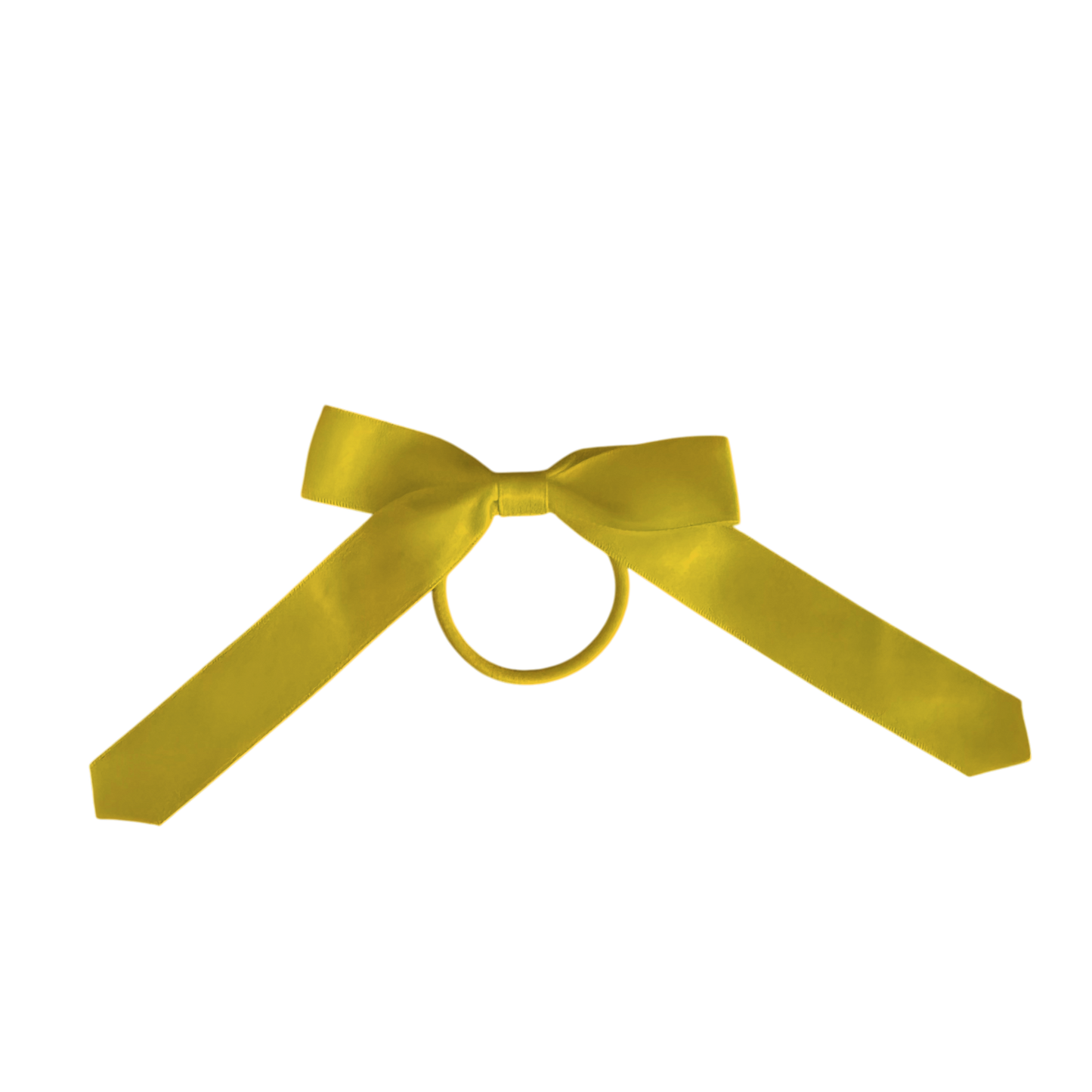 A bright yellow satin ribbon tied into a bow with a matching yellow ring in the center, isolated on a plain white background.