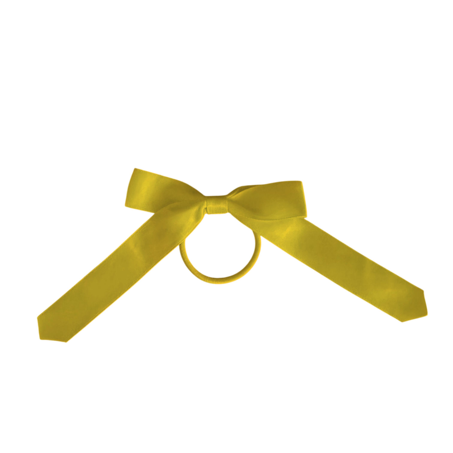A bright yellow satin ribbon tied into a bow with a matching yellow ring in the center, isolated on a plain white background.