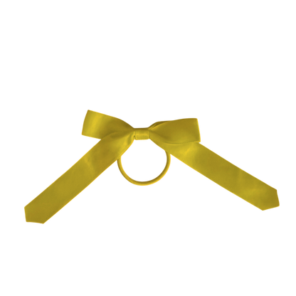 A bright yellow satin ribbon tied into a bow with a matching yellow ring in the center, isolated on a plain white background.