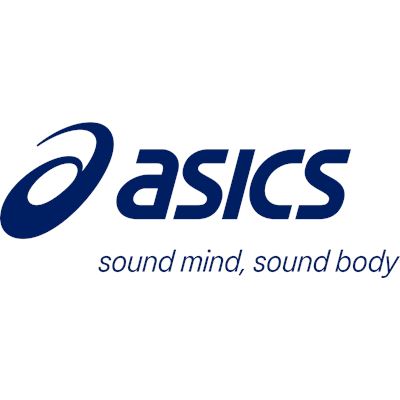ASICS logo with tagline 'sound mind, sound body' on a white background